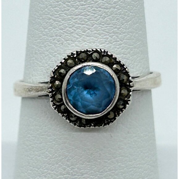 Vintage Sterling Silver Ring Blue Stone Marcasite Art Deco Revival1980s Size 7 - Picture 1 of 12